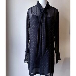 Theory Metallic Silk Scarf Dress Size 2 Black Beaded Jacquard Sheer Overlay